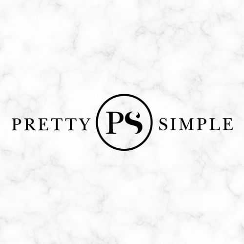 Logo of 'Pretty Simple' with a 'PS' monogram on a marble background.